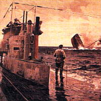 Claus Bergen "Tysk ubåd sænker en britisk fiskekutter" 1917.